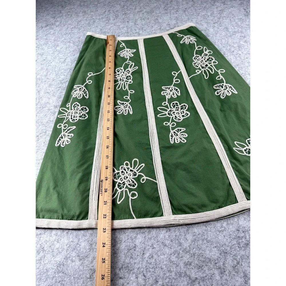 IPSA Anthropologie Floral Embroidered A-Line Skirt Women 4 Green 100% Cotton Y2K